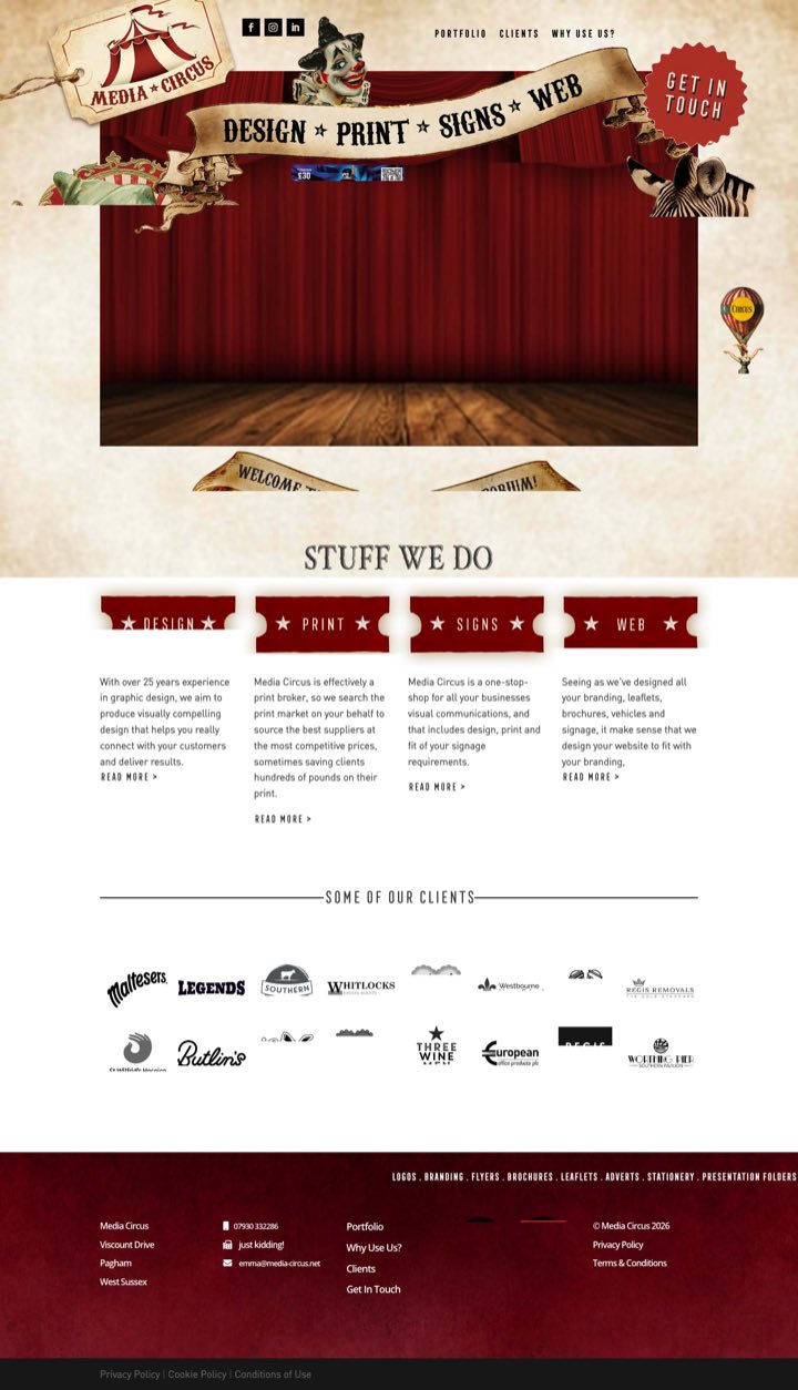 Homepage of the Media Circus website built by OSAM Websites